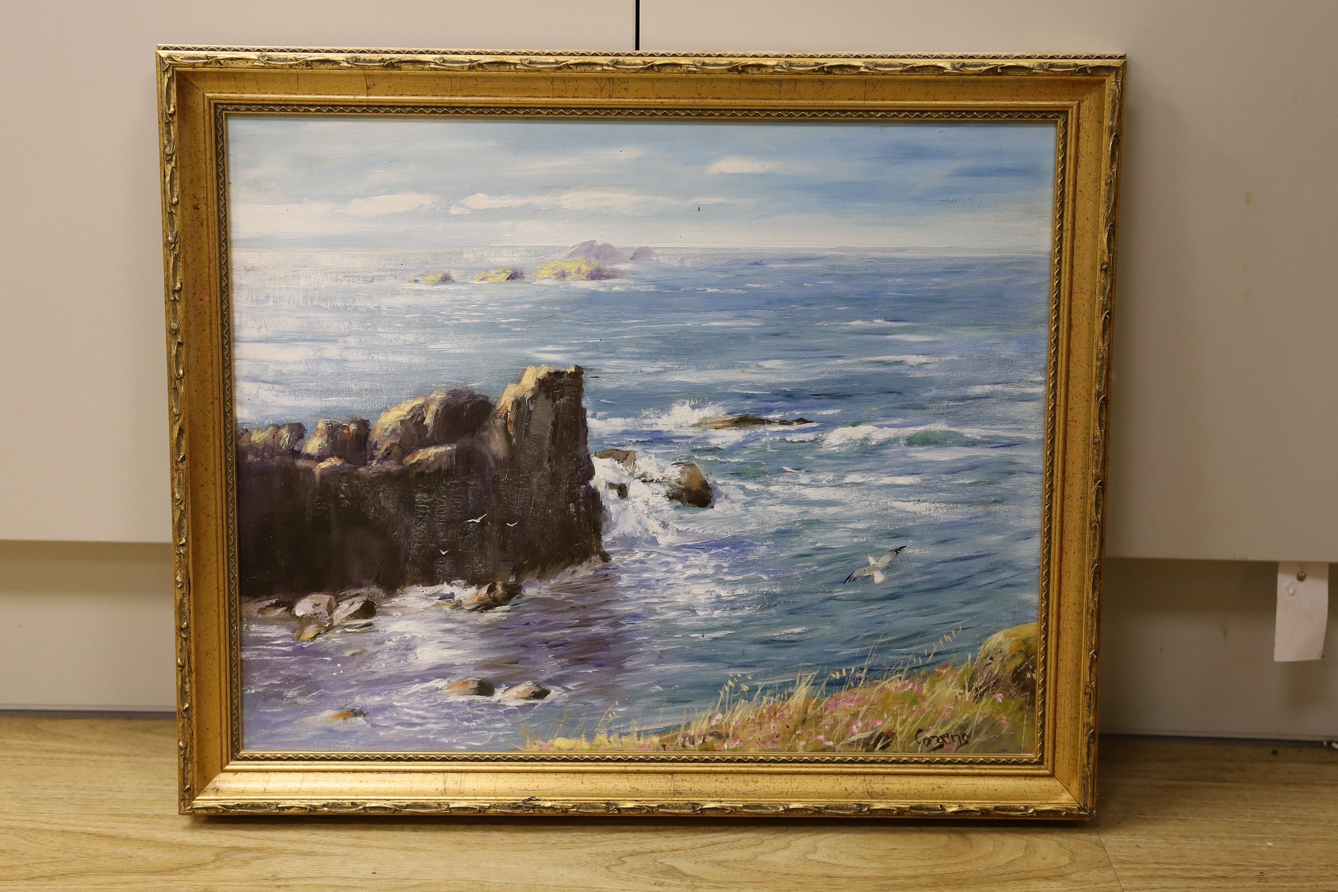 Daniel Cozens, oil on board, Sea cliffs, signed, 40 x 50cm